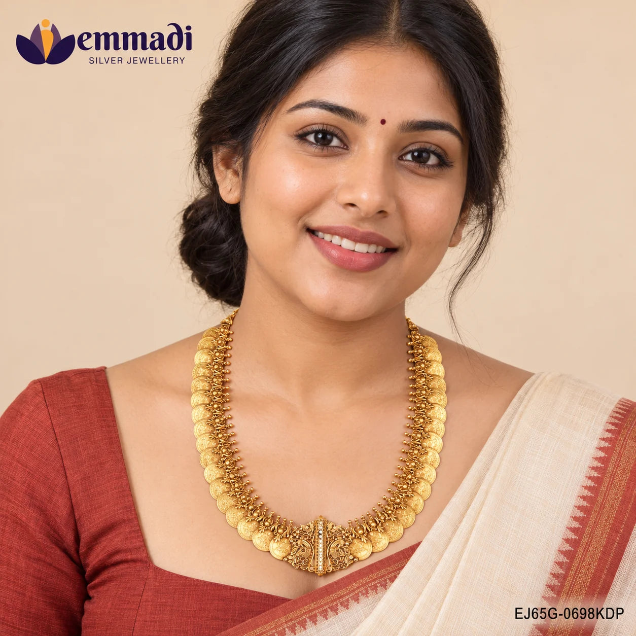 Woman wearing the nakshi antique long necklace with a red blouse and cream saree