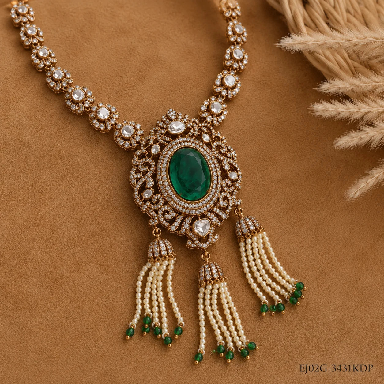 Flat lay of the Ira Victorian green necklace on brown fabric with dried wheat stalks, showing tassel detail