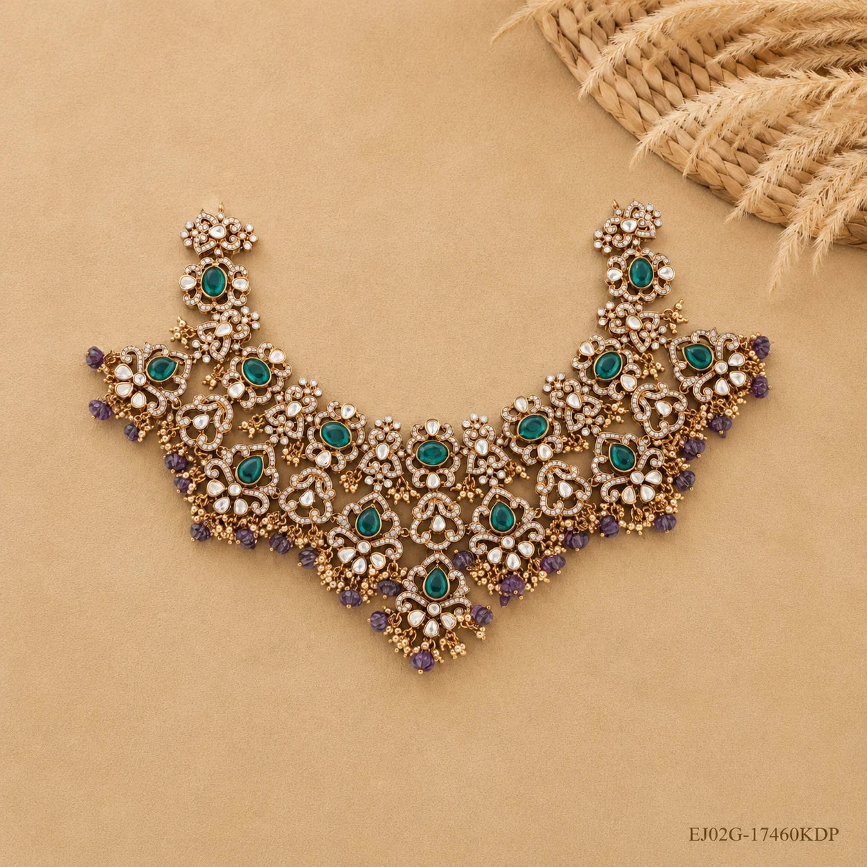 Full spread view of the Victorian green necklace displaying complete floral design and drops