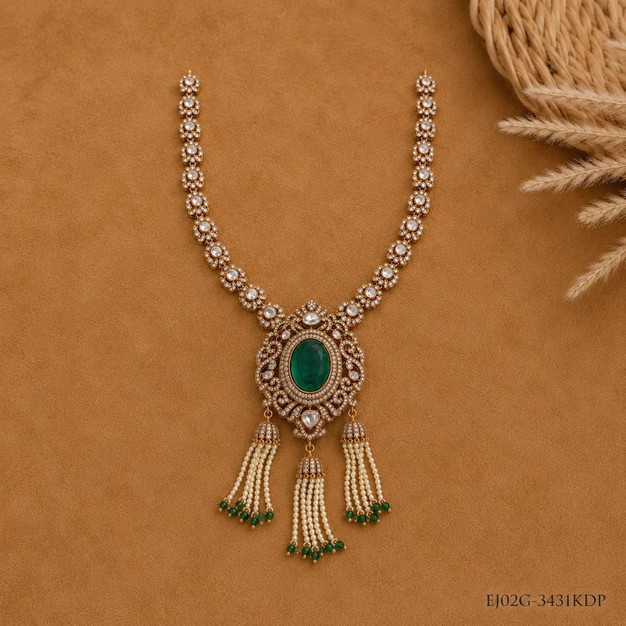Full view of the Ira Victorian green necklace laid flat in a V shape, displaying the complete chain and pendant
