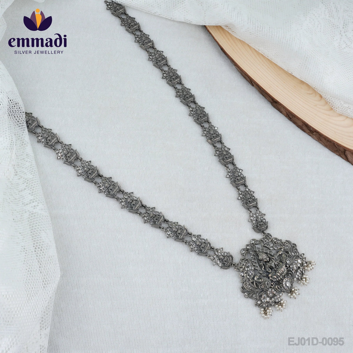 Ahlada Shivam: Handcrafted with Pure Gold Plating 92.5 Silver Long Necklace Oxidised White