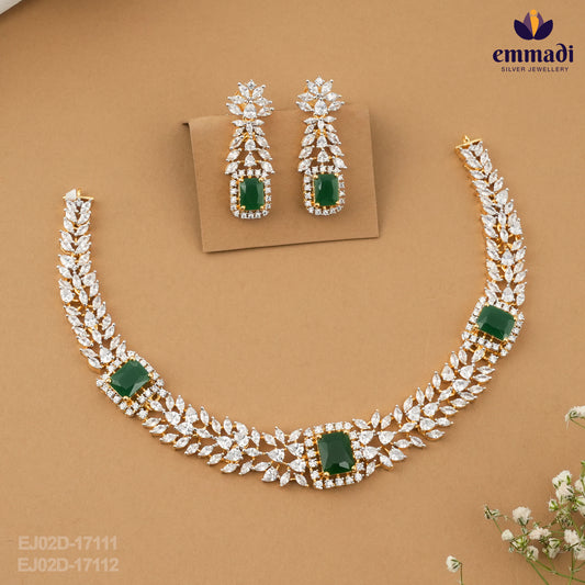 Rima and Rihana Premium CZ Green Necklace and Hanging Earrings Set