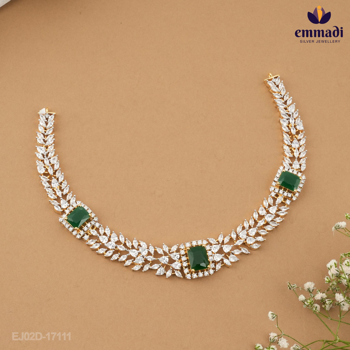 Rima and Rihana Premium CZ Green Necklace and Hanging Earrings Set