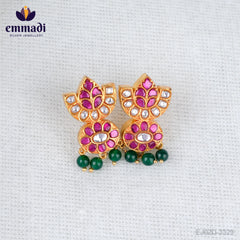 Advaita Surya Jewels: Handcrafted Kundan Ear Tops/Studs with Pure Gold Plating 92.5 Silver