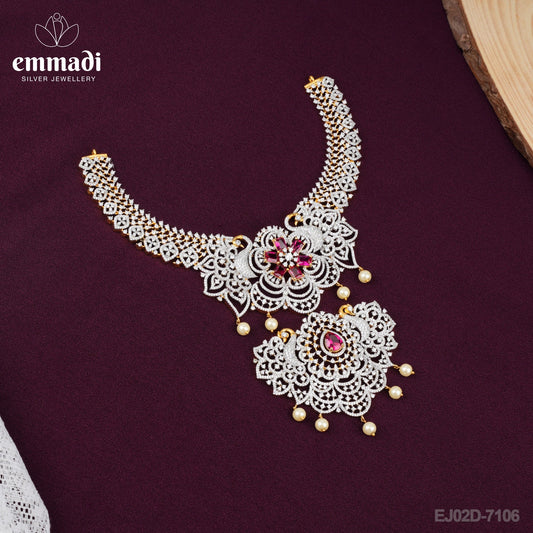 Ananya Jewels: Premium 3D CZ Pink Necklace Handcrafted with Pure Gold Plated 92.5 Silver