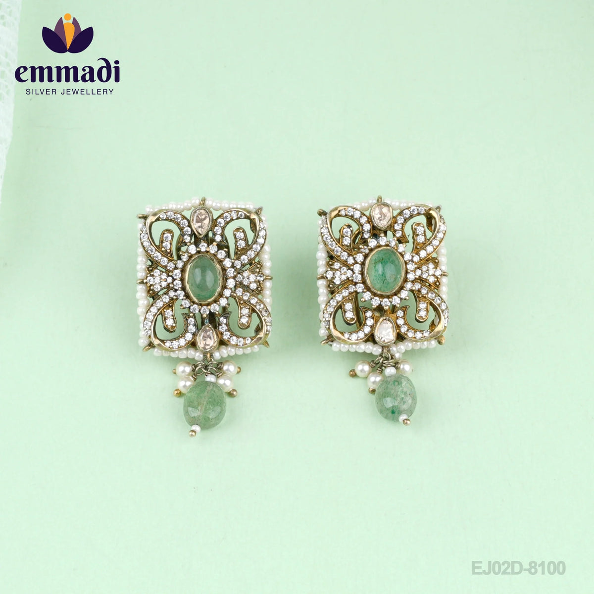 Alankrita Sanskriti: Handcrafted Gold Plated Silver Ear Tops/Studs - Victorian Green