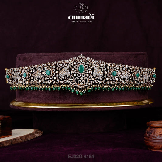 Aathmiga VADDANAM VICTORIAN GREEN- Handcrafted luxurious pure gold plated 92.5 silver jewelry by Emmadi Jewellers