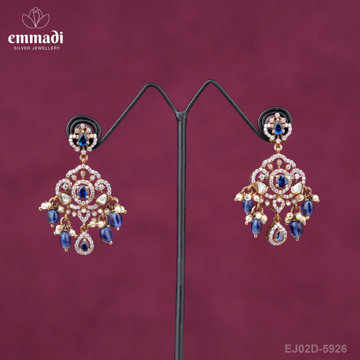 Ananya's Victorian Blue Hangings: Exquisite Handcrafted Indian Jewelry with Pure Gold Plating on 92.5 Silver