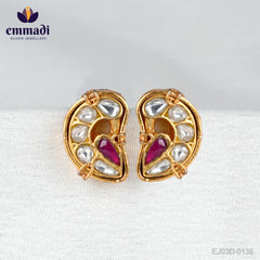 Advika Surya Jewels: Handcrafted Kundan Ear Tops/Studs with Pure Gold Plating 92.5 Silver