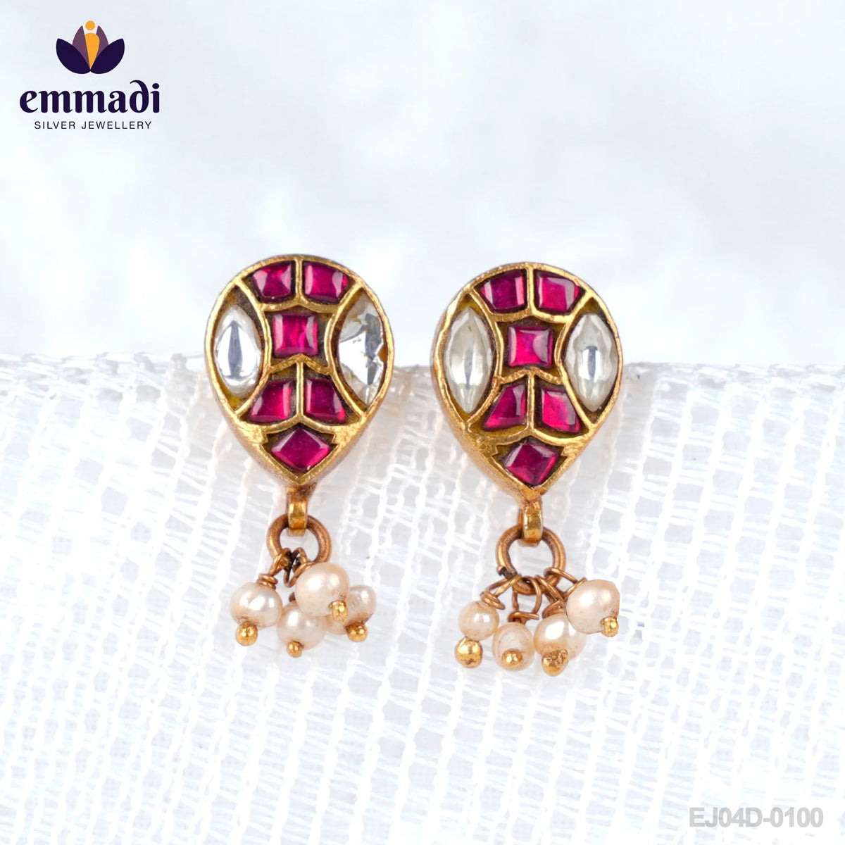 Advika Surya Jewels: Handcrafted Kundan Ear Tops/Studs with Pure Gold Plating 92.5 Silver