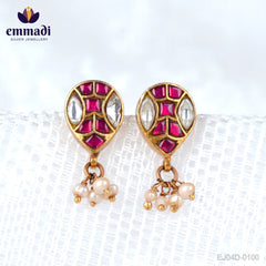 Advika Surya Jewels: Handcrafted Kundan Ear Tops/Studs with Pure Gold Plating 92.5 Silver