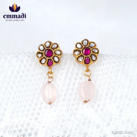 Advitha Surya Jewels: Handcrafted Kundan Ear Tops/Studs with Pure Gold Plating 92.5 Silver