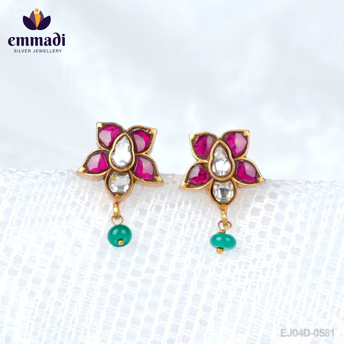 Aeshna Surya Jewels: Handcrafted Kundan Ear Tops/Studs with Pure Gold Plating 92.5 Silver