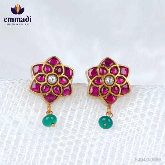 Agnika Surya Jewels: Handcrafted Kundan Ear Tops/Studs with Pure Gold Plating 92.5 Silver