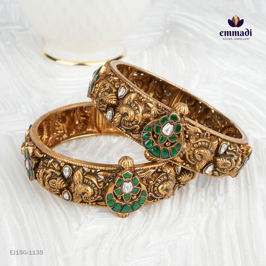 Bharani Kundan Nakshi Green Bangles