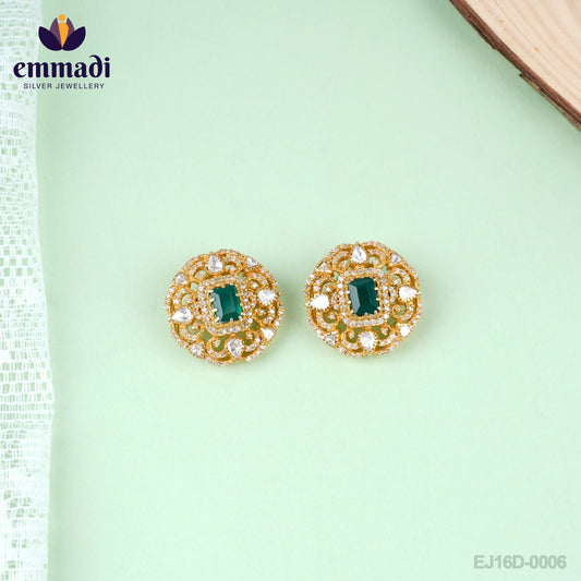Babeeta 1. Aakriti: Handcrafted Gold-Plated Silver Ear Tops/Studs Moissanite Green