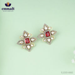 Alpa Sanskriti - Handcrafted Pure Gold Plated 92.5 Silver Ear Tops/Studs Victorian Red