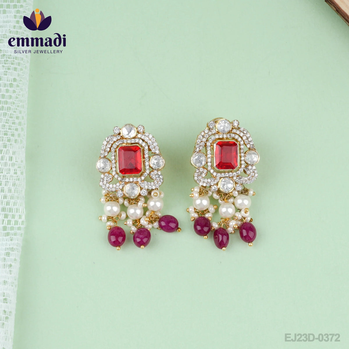 Alpana Sanskriti - Handcrafted Pure Gold Plated 92.5 Silver Ear Tops/Studs Victorian Red