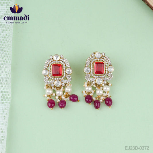 Alpana Sanskriti - Handcrafted Pure Gold Plated 92.5 Silver Ear Tops/Studs Victorian Red