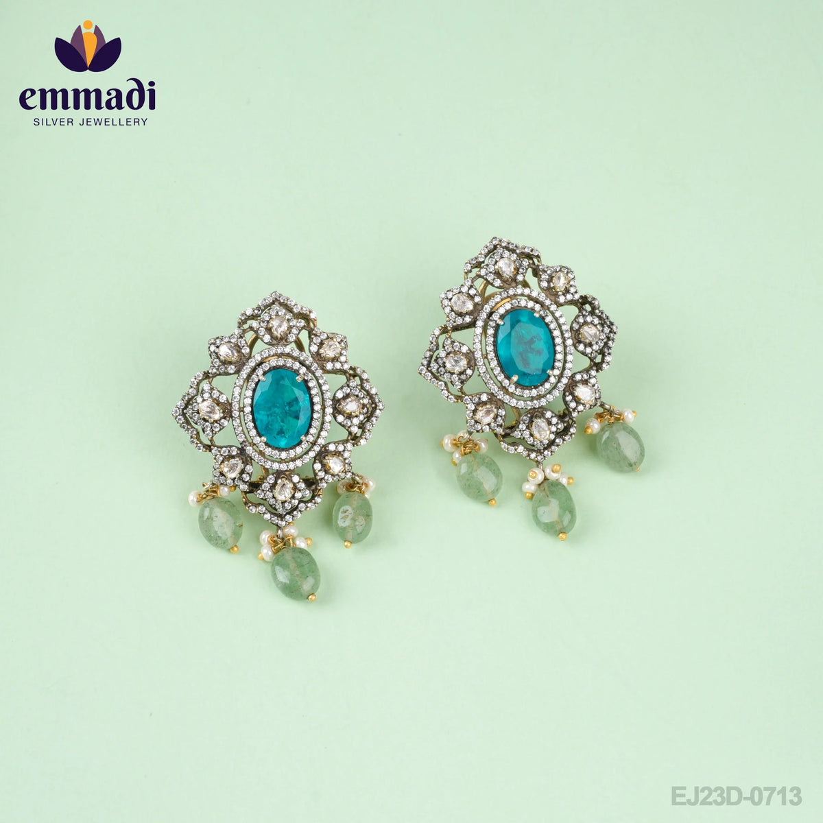 Arshia Dhruva: Handcrafted Victorian Blue Ear Tops/Studs with Pure Gold Plating 92.5 Silver