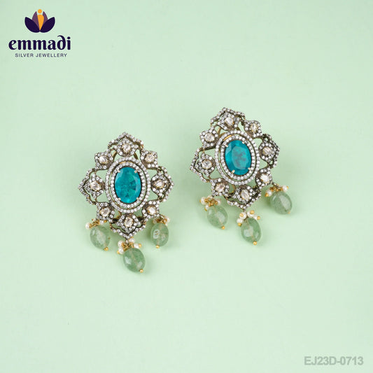 Arshia Dhruva: Handcrafted Victorian Blue Ear Tops/Studs with Pure Gold Plating 92.5 Silver