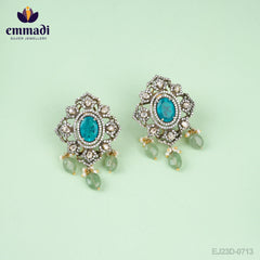 Arshia Dhruva: Handcrafted Victorian Blue Ear Tops/Studs with Pure Gold Plating 92.5 Silver
