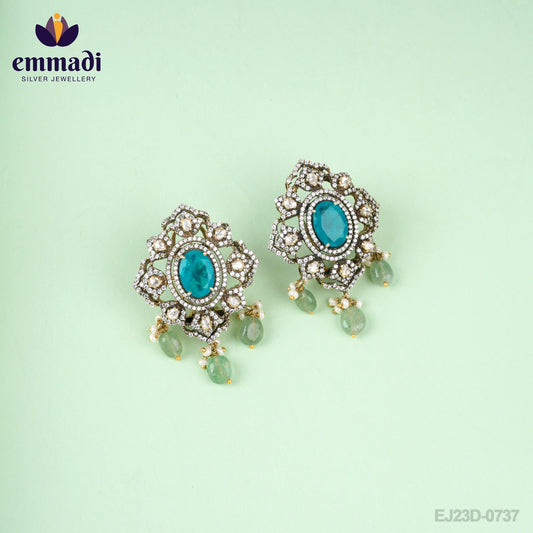 Arshia Dhruva: Handcrafted Victorian Blue Ear Tops/Studs with Pure Gold Plating 92.5 Silver