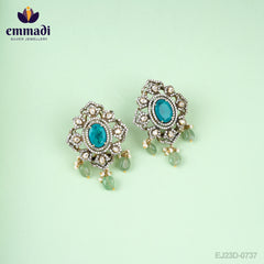 Arshia Dhruva: Handcrafted Victorian Blue Ear Tops/Studs with Pure Gold Plating 92.5 Silver