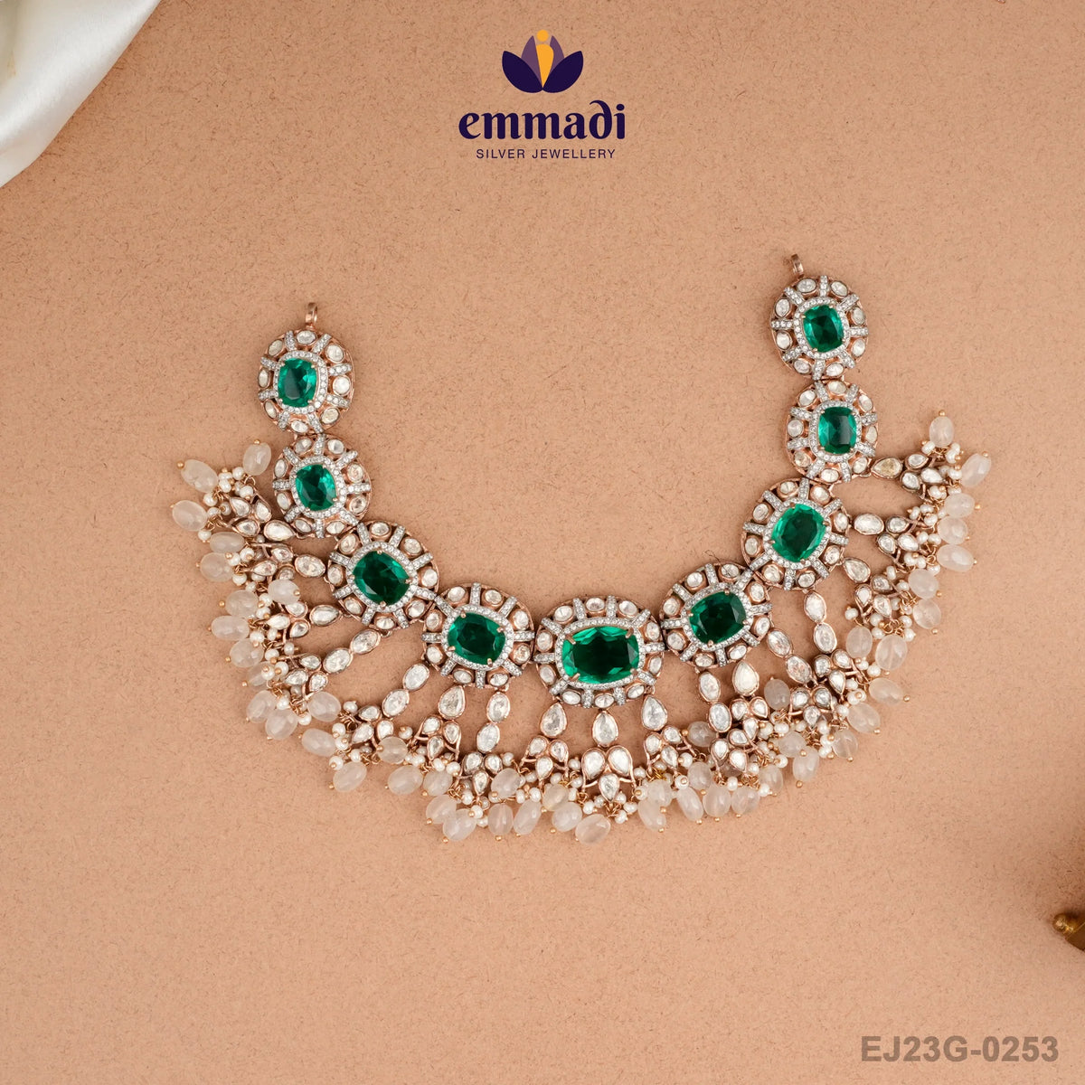 Sakshi Jewels: Gem Stone Green Necklace Handcrafted with Pure Gold Plating