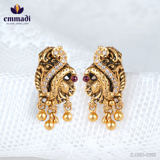 Anora Nakshi Red: Handcrafted Pure Gold Plated 92.5 Silver Ear Tops/Studs by Emmadi Jewellers