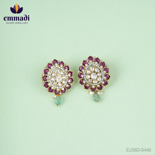 Anamika Samskruti Handcrafted Ear Tops/Studs: Exquisite handcrafted ear tops/studs made with 92.5 silver and pure gold plating by Emmadi Jewellers, featuring stunning moissanite pink gemstones.