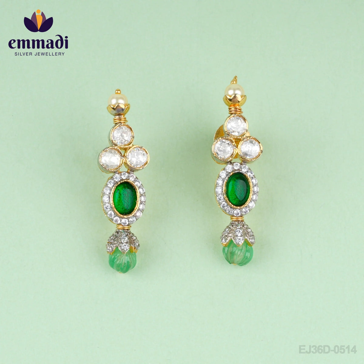 Alekhya Sanskriti: Handcrafted Gold Plated Silver Ear Tops/Studs - Victorian Green