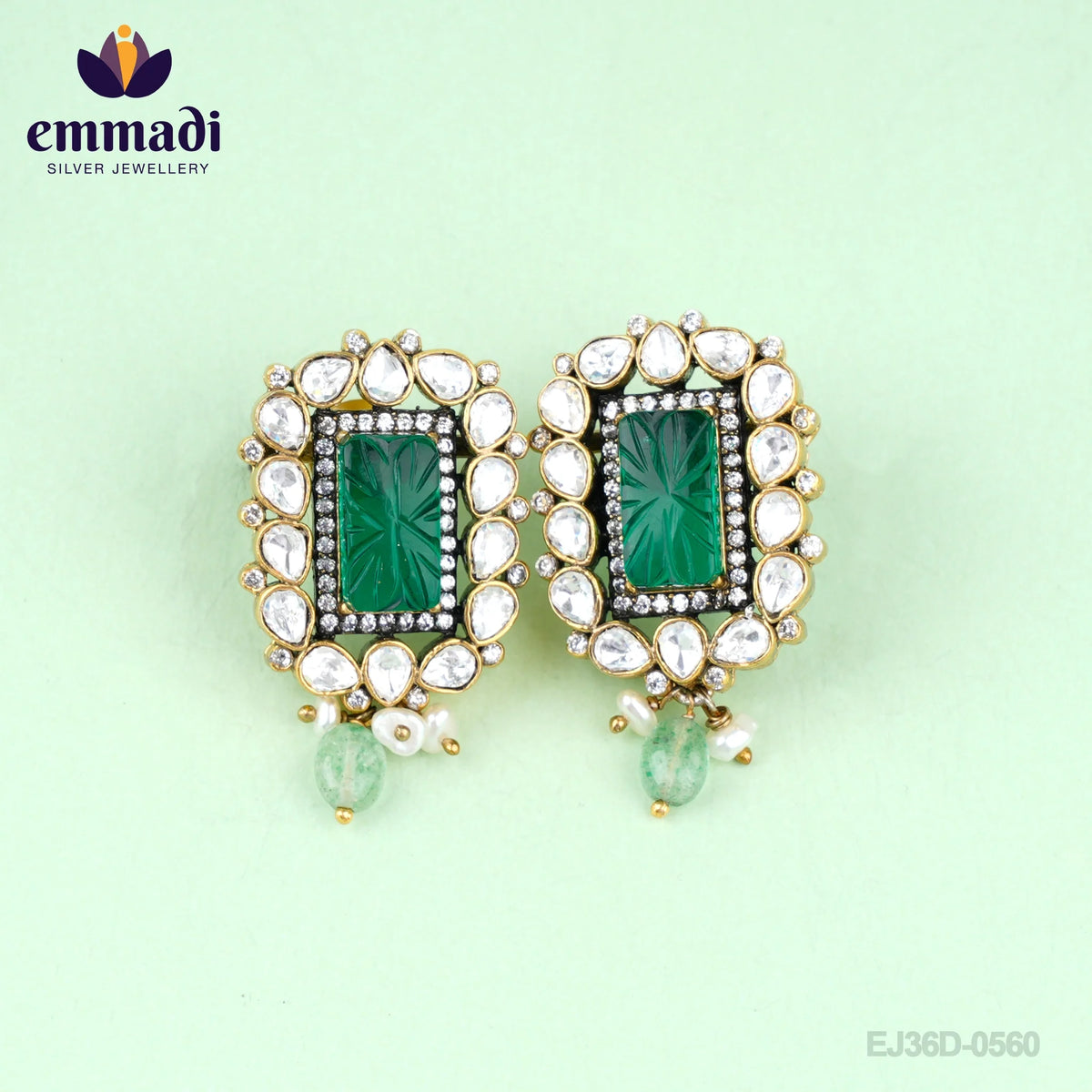 Alekhya Sanskriti: Handcrafted Gold Plated Silver Ear Tops/Studs - Victorian Green