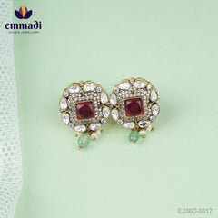 Alpana Sanskriti - Handcrafted Pure Gold Plated 92.5 Silver Ear Tops/Studs Victorian Red