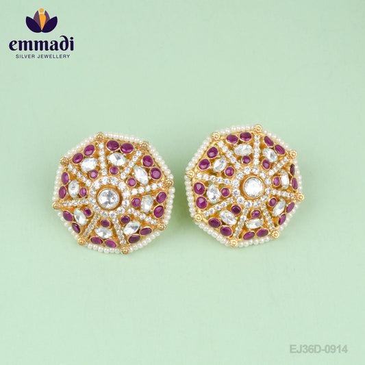 Anamika Samskruti Handcrafted Ear Tops/Studs: Exquisite handcrafted ear tops/studs made with 92.5 silver and pure gold plating by Emmadi Jewellers, featuring stunning moissanite pink gemstones.