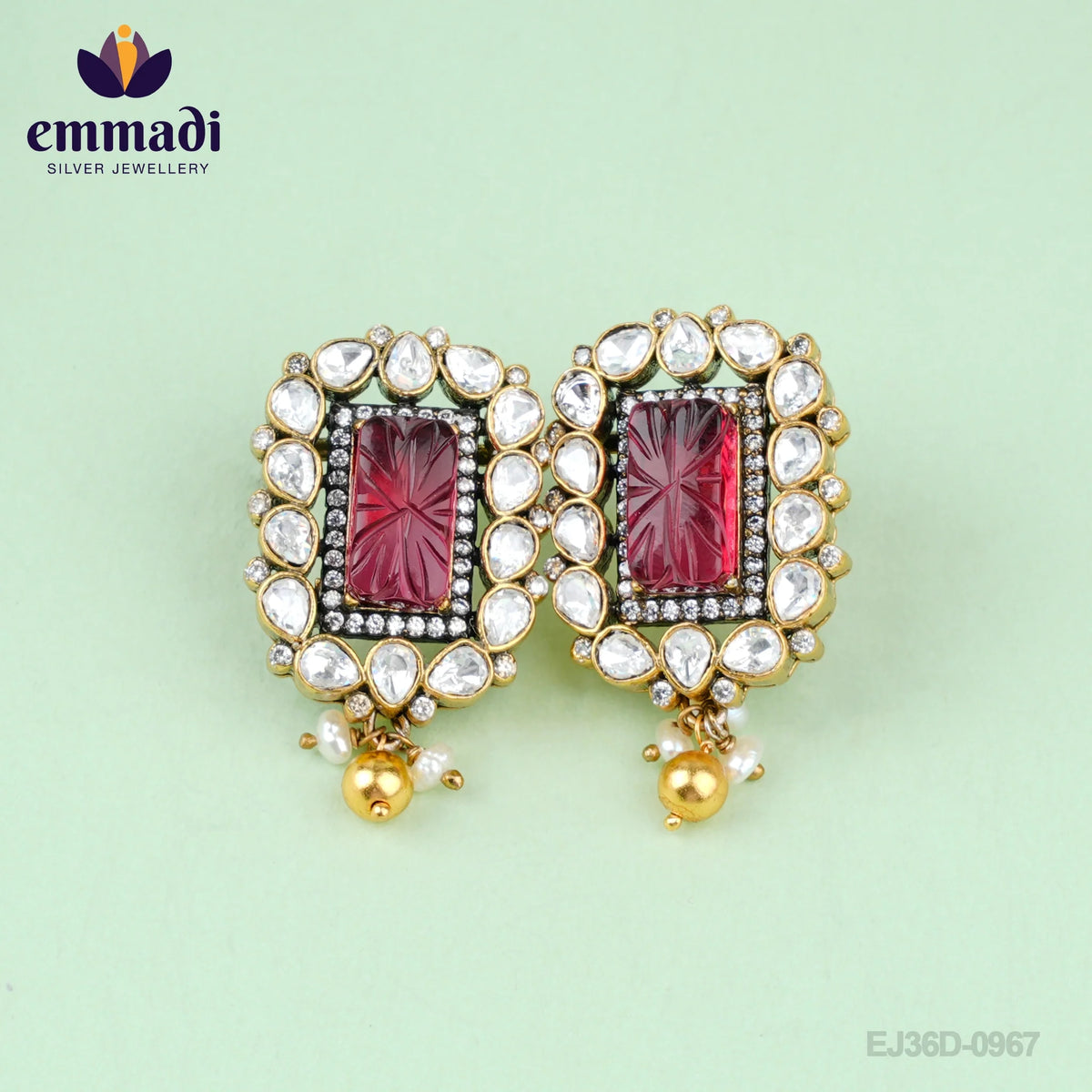 Amaira Sanskriti - Handcrafted Pure Gold Plated 92.5 Silver Ear Tops/Studs Victorian Red