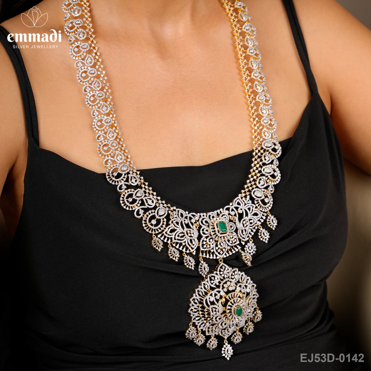 Chandra's Exquisite CZ Green Long Necklace: Premium Indian Jewellery