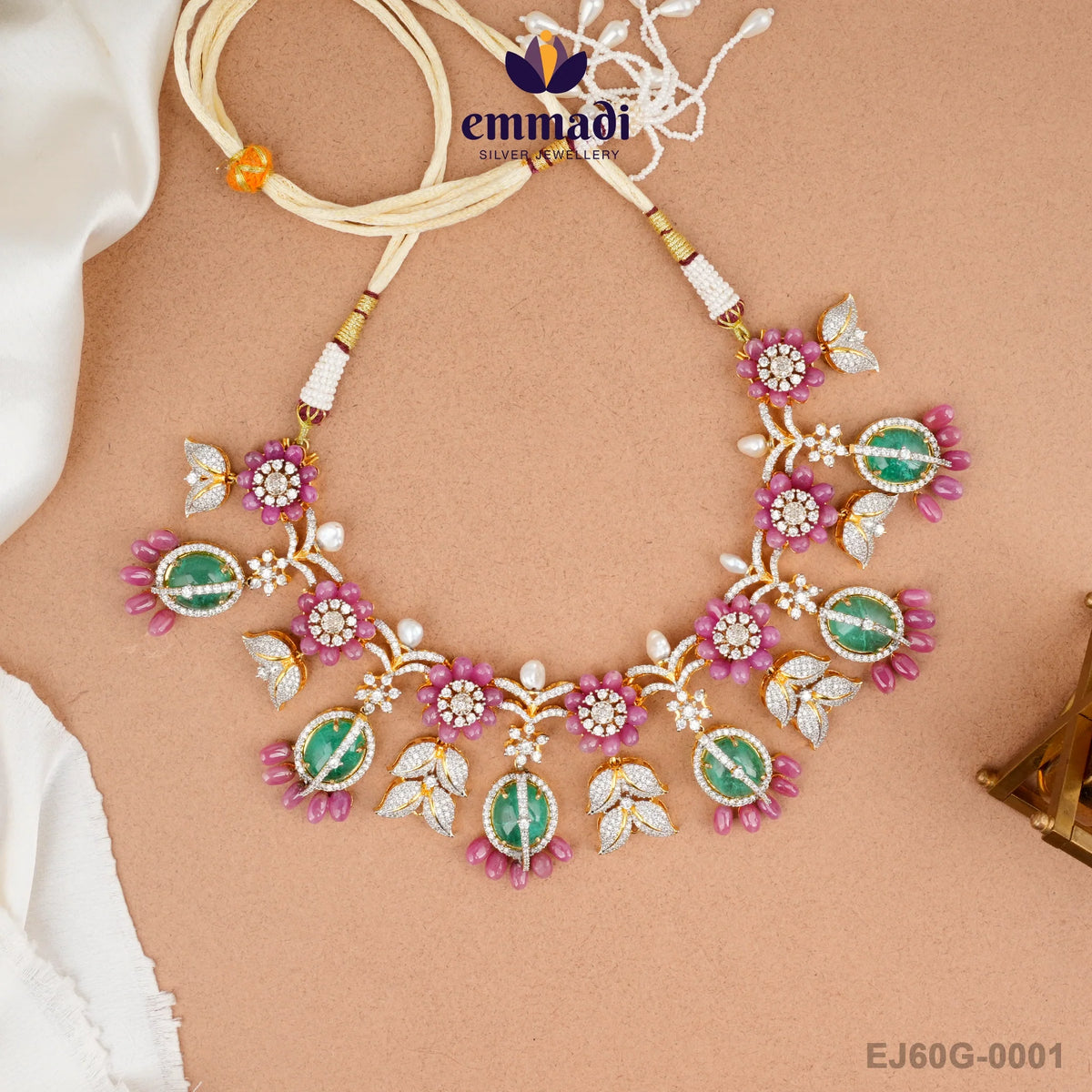 Sakshi Jewels: Gem Stone Green Necklace Handcrafted with Pure Gold Plating