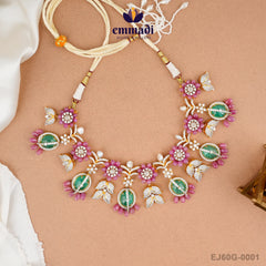 Sakshi Jewels: Gem Stone Green Necklace Handcrafted with Pure Gold Plating