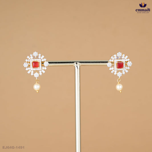 BHARATEY Red Premium CZ Silver Studs