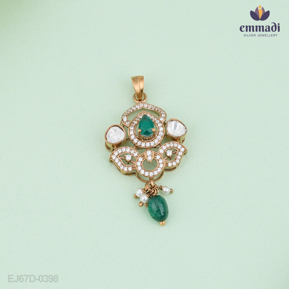 Exquisite Victorian Green Pendant and Studs Set - Durga & Keerthi Collection