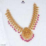 Emmadi Silver Jewellery JIHAN Elegant Gold Nakshi Necklace with intricate designs, ruby drops, and pearl accents.