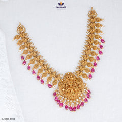 Emmadi Silver Jewellery JIHAN Elegant Gold Nakshi Necklace with intricate designs, ruby drops, and pearl accents.