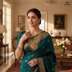 Emmadi Silver Jewellery JIHAN Elegant Gold Nakshi Necklace with ruby accents and intricate detailing. A statement piece.